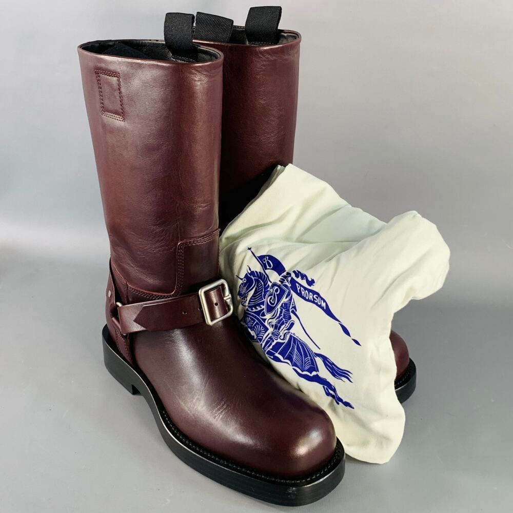 BURBERRY Size 9.5 Burgundy Leather Calf High Pull On Harness Boots - Picture 9 of 9